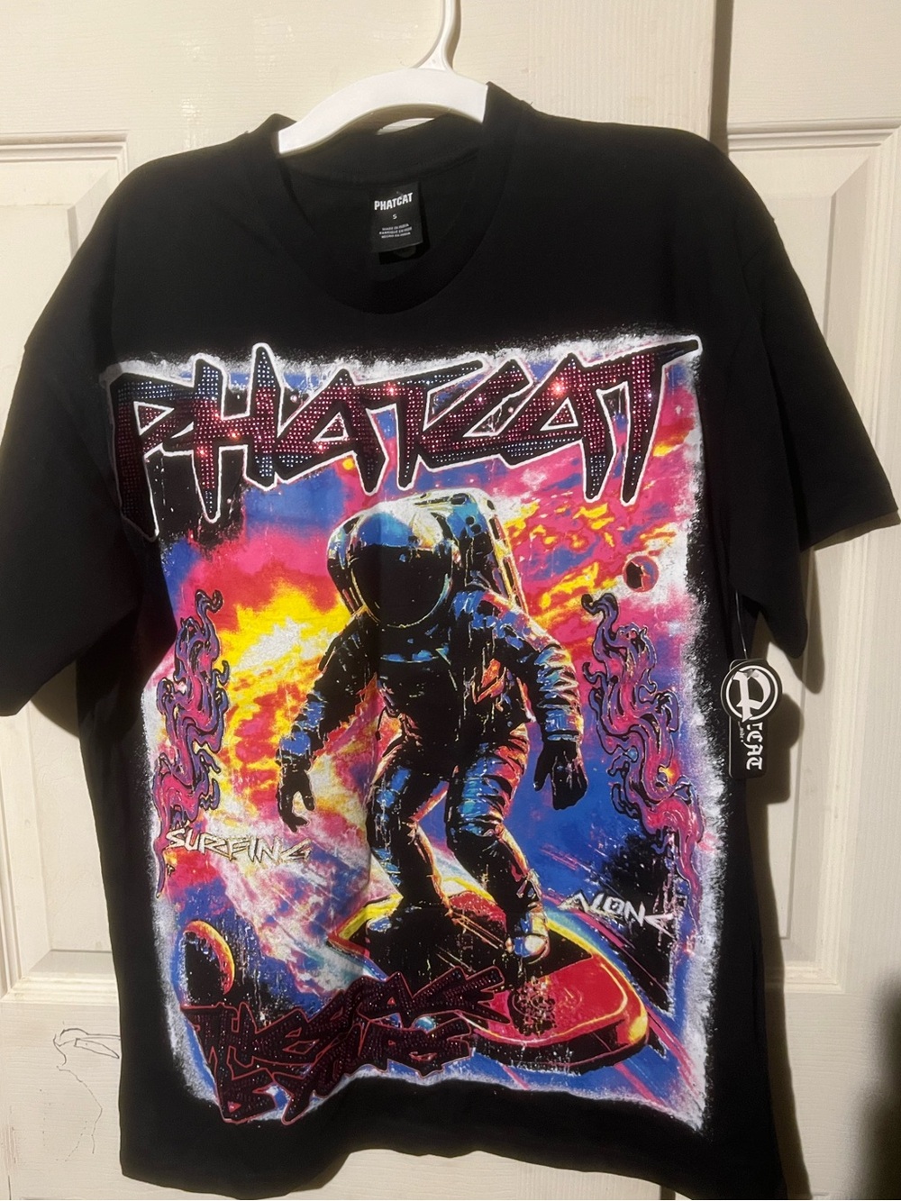 PHATCAT Black Rhinestone Astronaut Space Graphic T-Shirt Size L